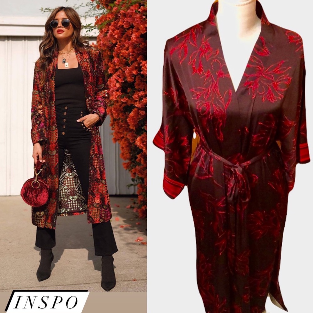 A New Day Long Romantic Boho Floral Print Kimono Duster Tie Front Silk Robe